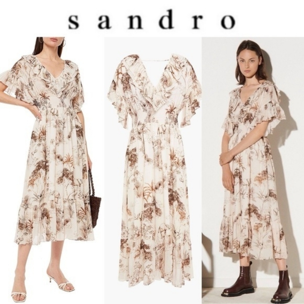 NWT $480 SANDRO Marro Ruffle Printed Midi Dress FR38 US 6 - Picture 4 of 8